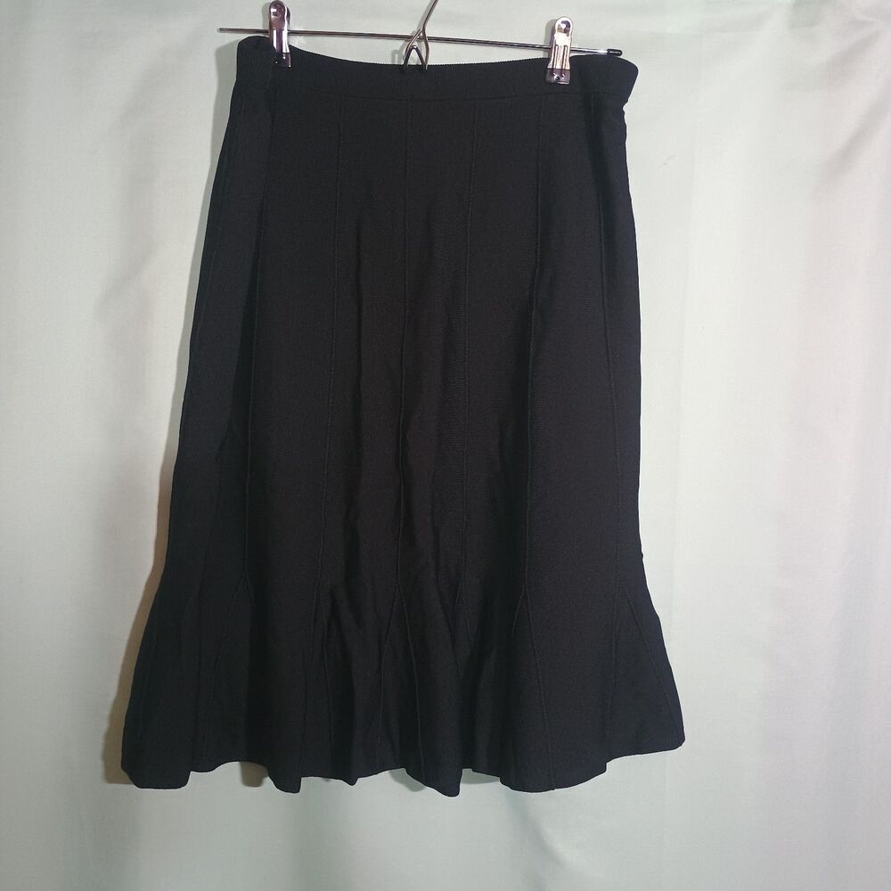 Black Midi Skirt Flared Trumpet Hem Textured Career Workwear A-Line Skirt